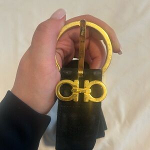 Women’s Ferragamo Black Suede Belt with Gold Interlocking Buckle